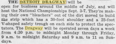 1959 article - open 7 days per week Detroit Dragway, Brownstown Twp